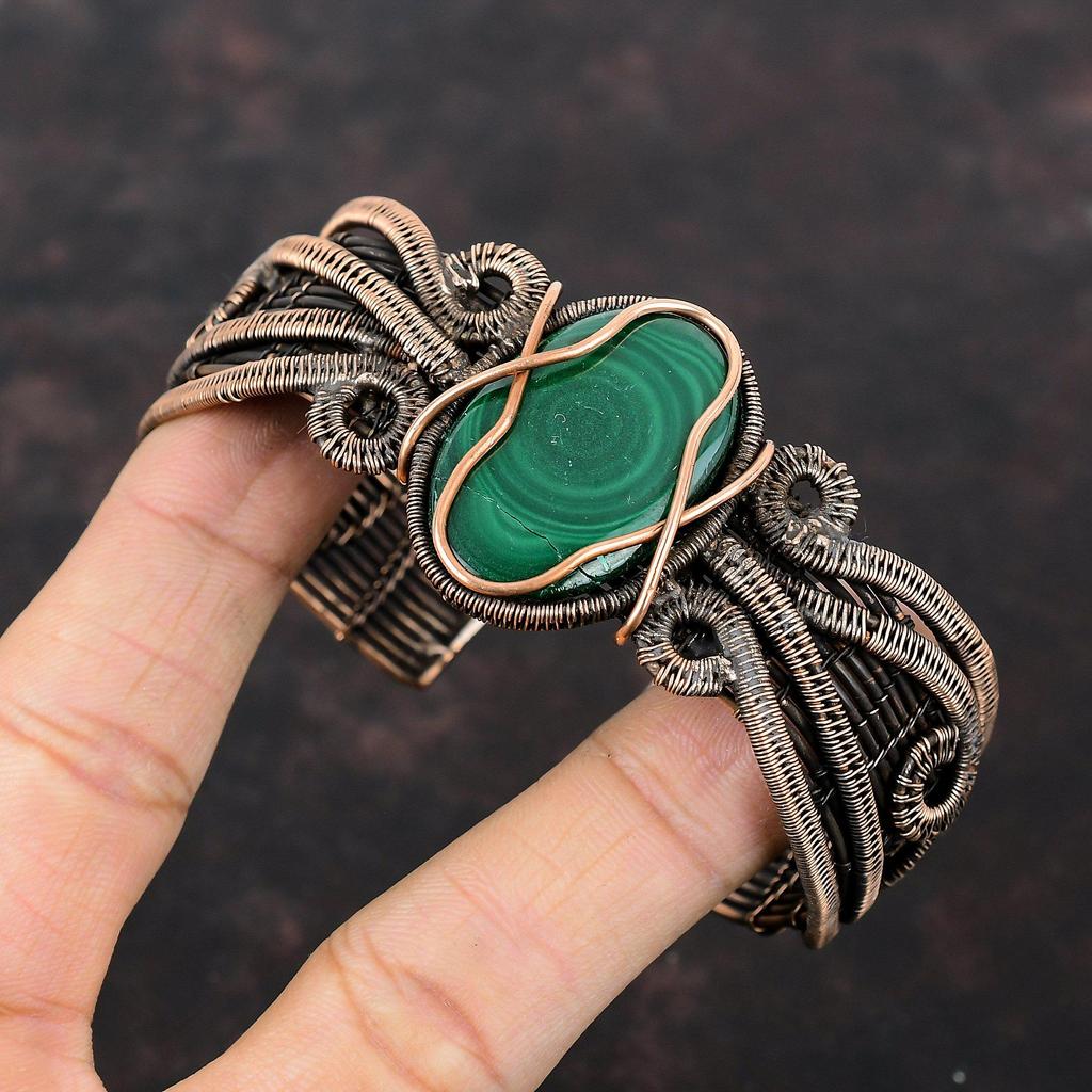 Малахитовый браслет-манжета, браслет-бенгл, обмотанный медной проволокой, украшения ручной работы, регулируемый браслет-бенгл, браслет-манжета с драгоценным камнем, украшения из античной меди для подарка