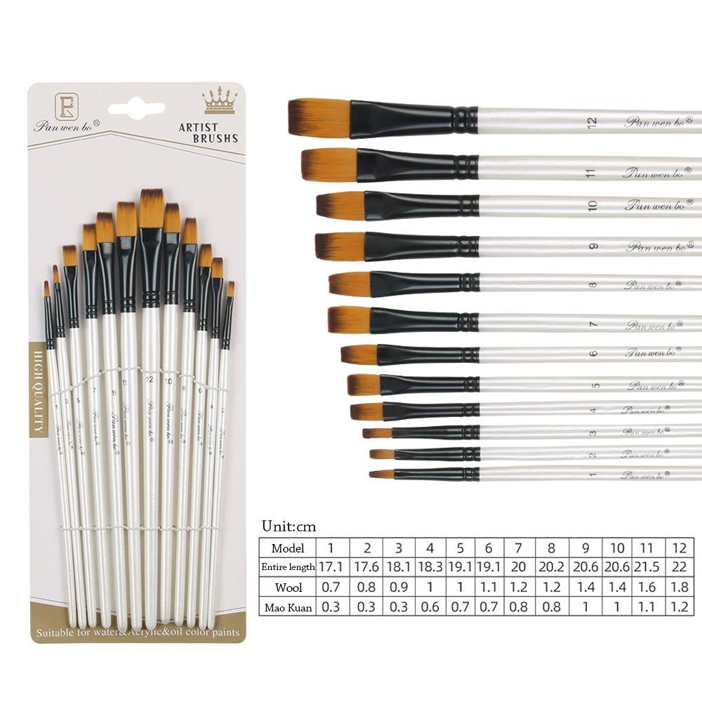 12Pcs Nylon Hand Drawn Watercolor Pointed Round Flat Head Flat Brushes Painting Brushes Gift