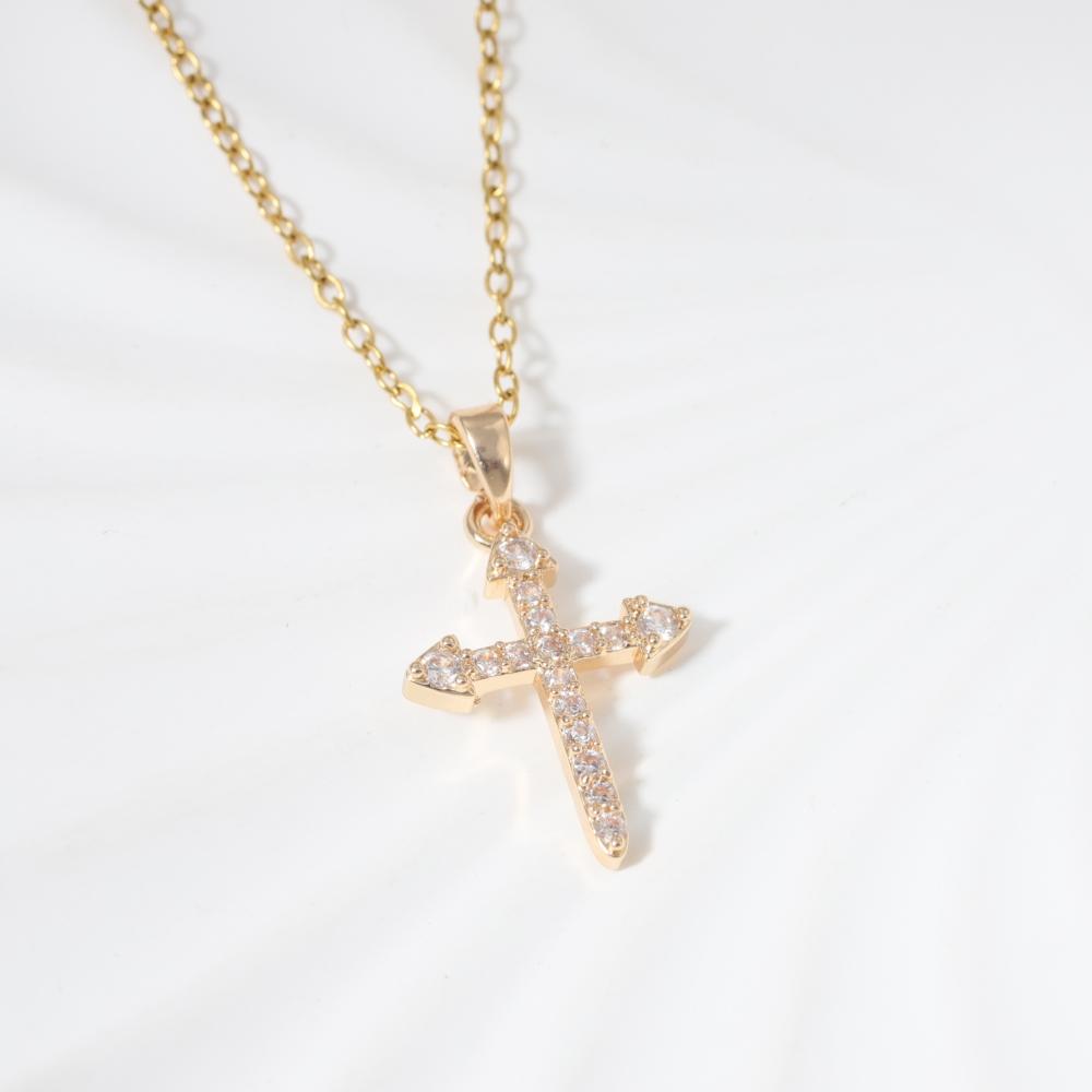 Golden Zirconia Arrow Cross Pendant Necklace, Dainty Jewelry for Women
