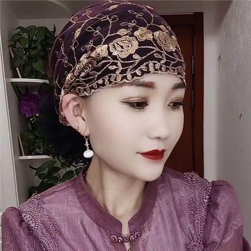 Breathable Floral Embroidery Lace Turban Cap for Women