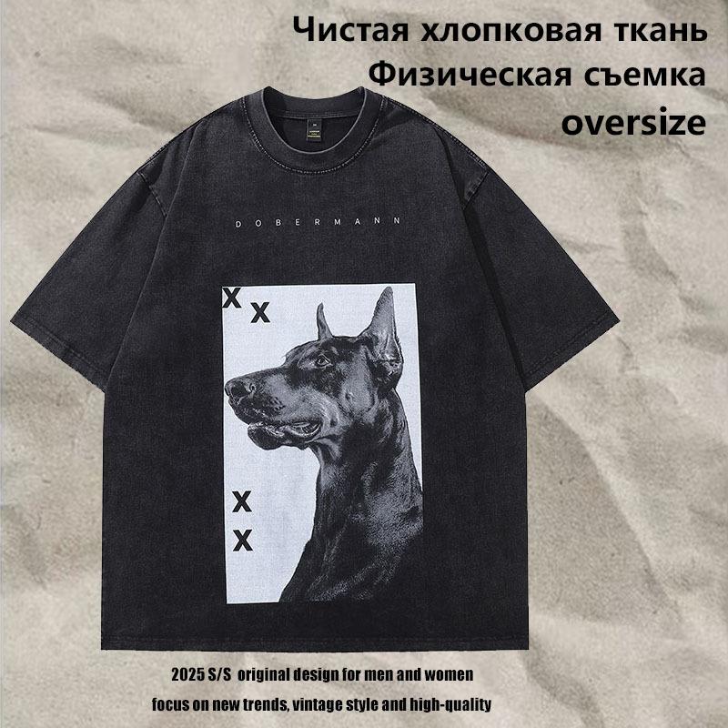 High Street Прямой Спрей Принт Доберман Стирка Старый Короткий Рукав Футболка Мужская и Женская Американский Ретро Модный Бренд Футболка с Половинным Рукавом