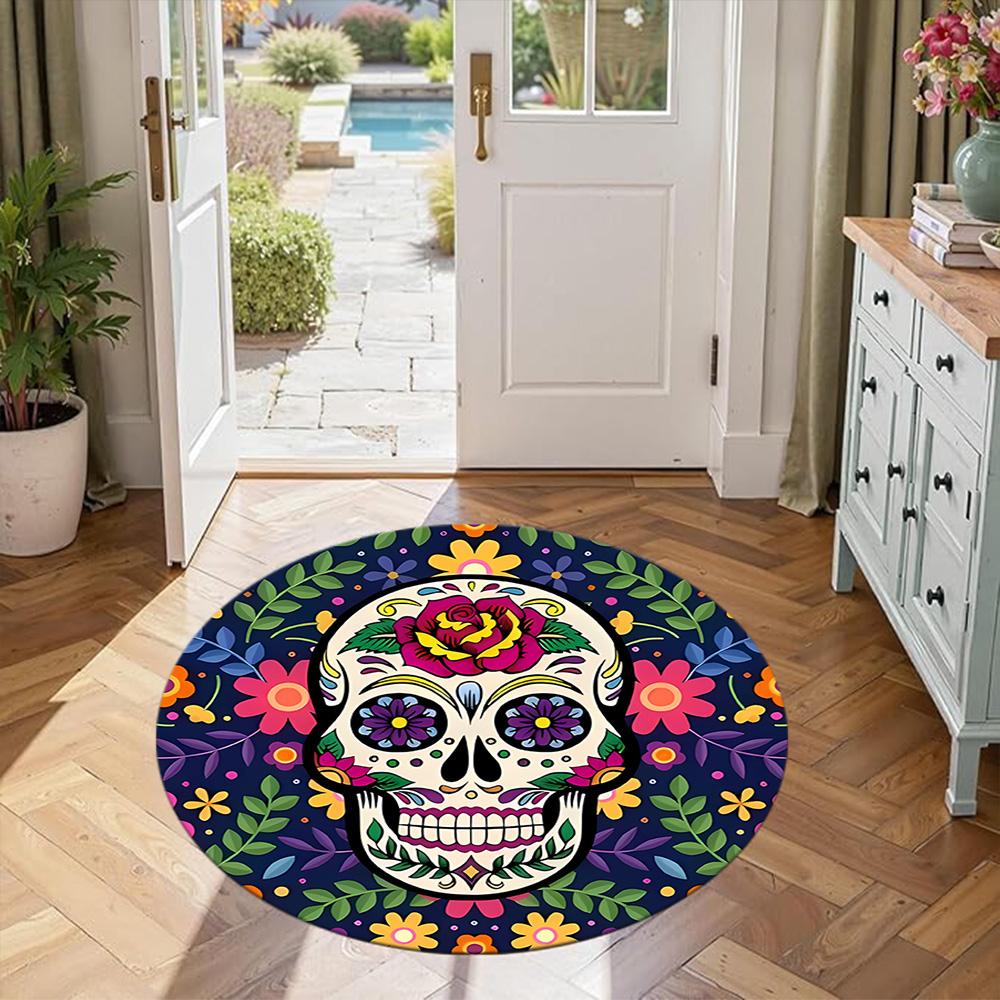 Skull Round Office Rug Design for Foyer Playrooms Game Room Study room Anti-slip Round Rug Decorate Offices Perfect Gift for Women Men