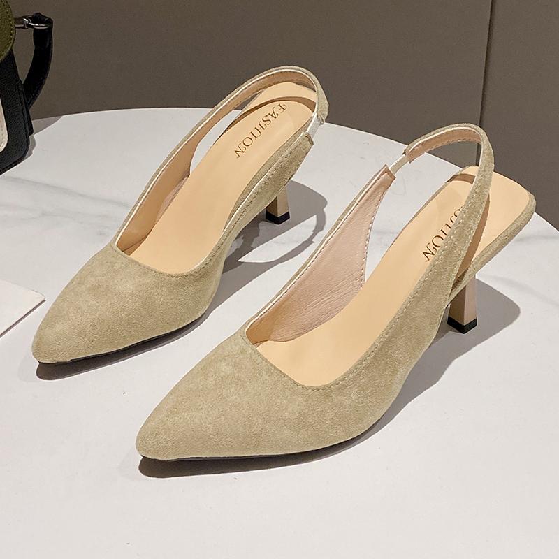 Летние замшевые босоножки на тонком каблуке Женская мода Остроносые с мелким вырезом На ремешке на подъеме Воздухопроницаемые Противоскользящие Ношение на каблуке