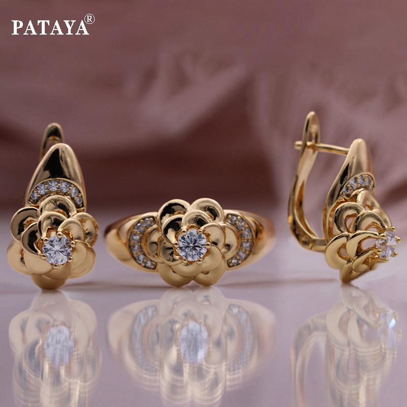PATAYA Металлические серьги с цветком, комплект колец, цвет розового золота, свадебный креативный трендовый искусственный циркон, необычный женский комплект