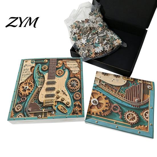 Children Jigsaw Puzzle 1/2 Sets 1000Pcs Steampunk Guitar Art Puzzle, Gear Challenge Game, Educatoional Musical Instrument Toy for Desk Decor Adults