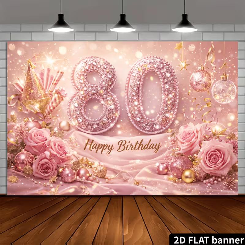 2D Glitter Pink Silk & Rose 80th Birthday Photography Background