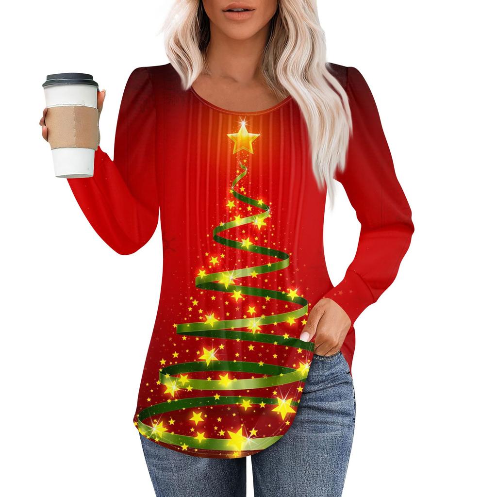 Женская модная повседневная плиссированная футболка с круглым вырезом и рождественским принтом с длинными рукавами