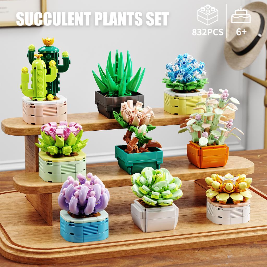 832PCS Succulent Plant Potted Building Block Flower Model Puzzle Toys Sets Desk Decor New Year Christmas Birthday Gifts