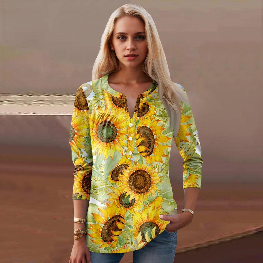 Женская мода повседневный топ с длинным рукавом и круглым вырезом с цветочным принтом