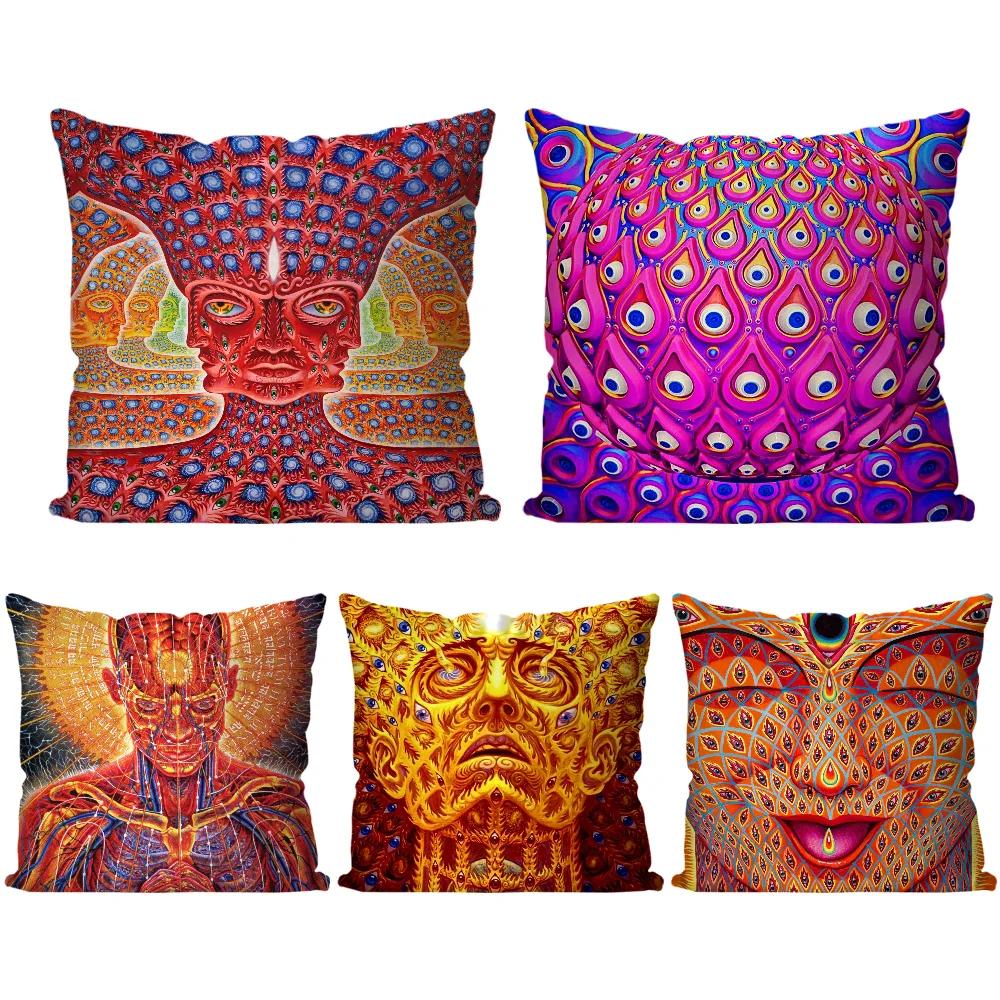 A- Alex Gray Trippy Psychedelic Pillow Case Square Pillow Bedroom Sofa Leisure Comfort Cushion Living Room Home Decoration 40X40