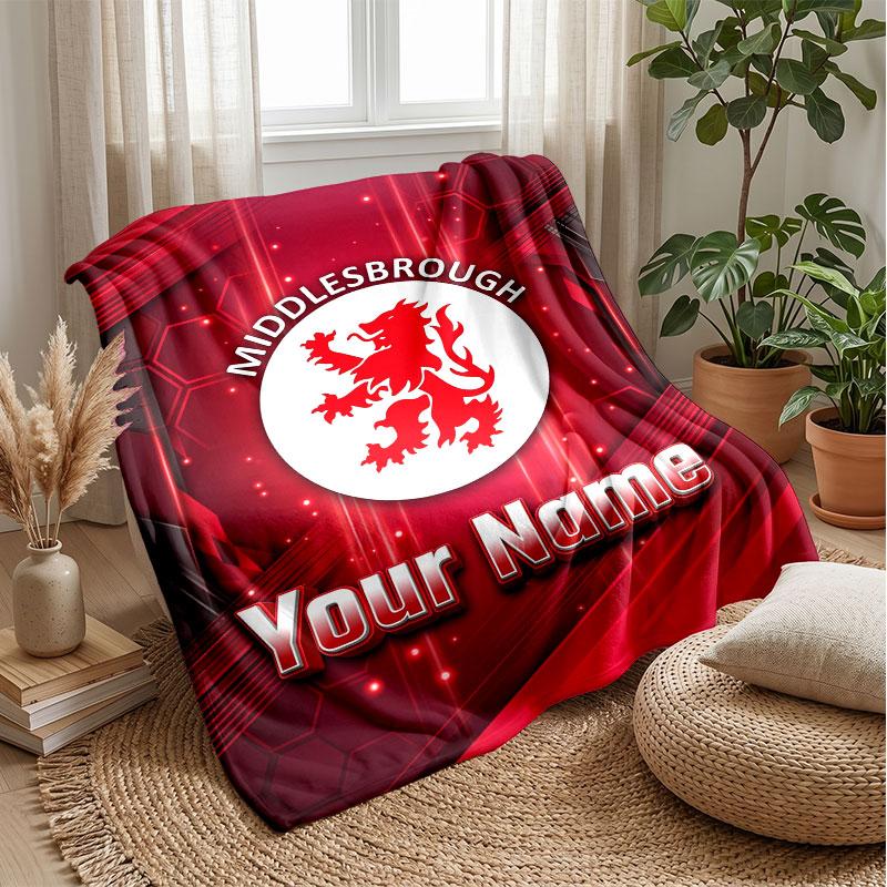 Middlesbrough FC Custom Name Text Flannel Blanket Soccer Logo Personalized Fleece Throw Blanket Special Gift For Sofa Bedroom Home