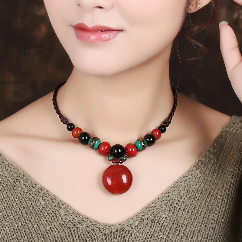 GemChic женское новое этническое керамическое ожерелье с подвеской из бисера и бусинами, винтажная регулируемая цепочка, подарок на день рождения, Рождество