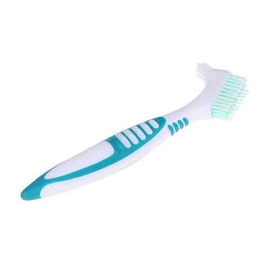 Двусторонняя зубная щетка для зубных протезов Эргономичная ручка Пластиковая многослойная щетина Искусственные зубы Щетка для ухода за полостью рта для домашнего использования