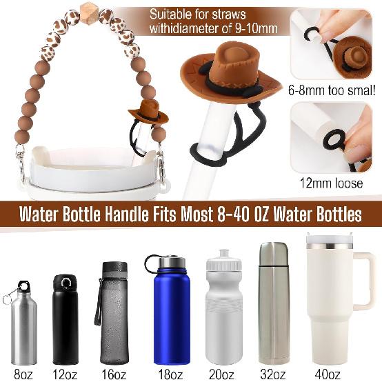 Skylety 5 Pcs Cowboy Hat Silicone Cup Accessory Set Compatible with Stanley Cups Includes Cow Hat Straw Cover Beaded Bottle Strap Leather Tassel