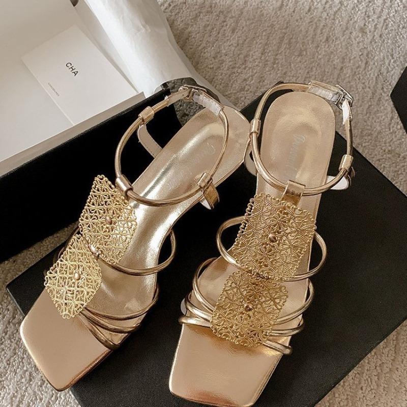 French Retro Fine Heeled High Heeled Sandalias 2024 Square Toe Open Toe Leather Buckle Strap Sexy Gold Heels Zapatos Mujer 2024
