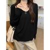 Черная свободная и облегающая футболка с длинными рукавами для женщин на раннюю осень, чистое желание и ленивая атмосфера, верхняя и нижняя часть рубашки