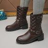 Large Size Women's Leather Boots Autumn and Winter New Retro Plaid Belt Buckle Round Head Thick Heel Medium Boots