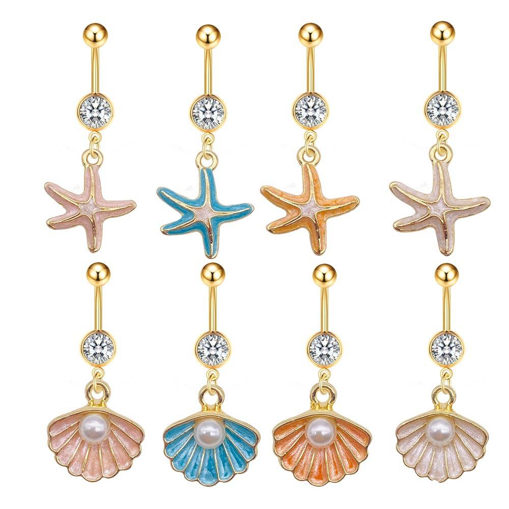 1Pcs Stainless steel belly button ring with pearl and shell pendant as belly button piercing jewelry