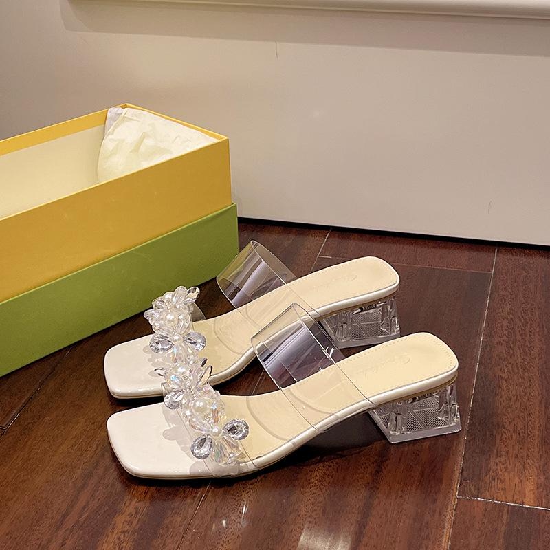 Модные крутые шлепанцы на высоком каблуке женские 2025 весна для улицы новые инкрустированные кристаллами бриллиантами с прозрачными крутыми шлепанцами