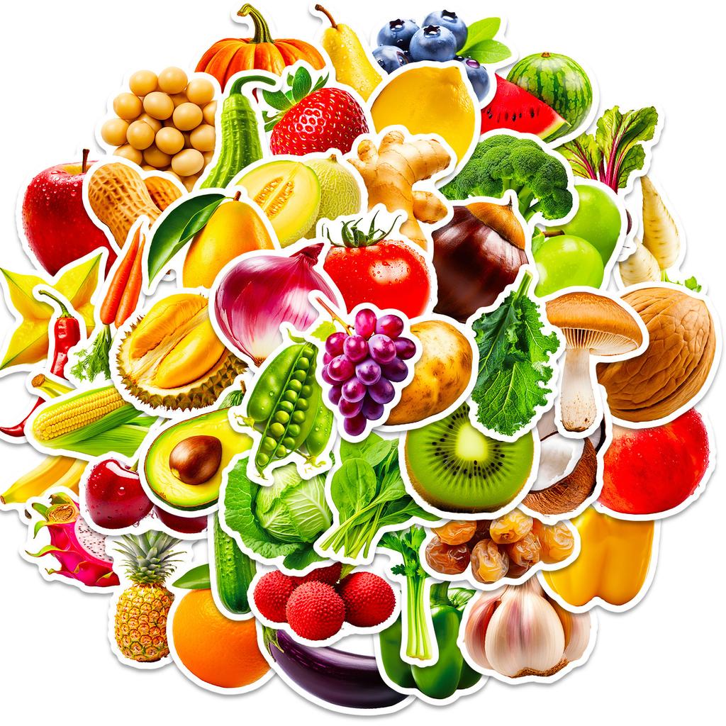 50PCS Vivid Fruit & Vegetables Grape Cherry Carrot Broccoli Stickers Pack Waterproof Vinyl Stickers For Laptop Phone