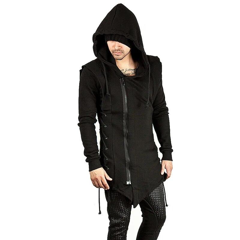 Men's Black Streetwear Zipper Hoodies Sweatshirts Hip Hop Casual Hooded Coat With Side Lashing Crossed Hoody Tracksuits
