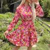 Women's Fashion Spring Fall Flower Pattern Print Long Sleeve Stand-Neck High Waist Casual Dresses