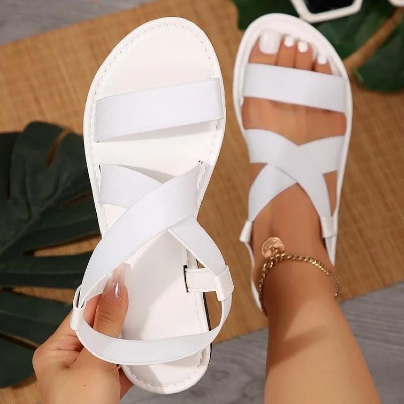 Летние однотонные сандалии на плоской подошве Popula 2024, уличные тапочки с открытым носком, пляжная женская обувь, большие размеры, шлепанцы Zapatos De Mujer