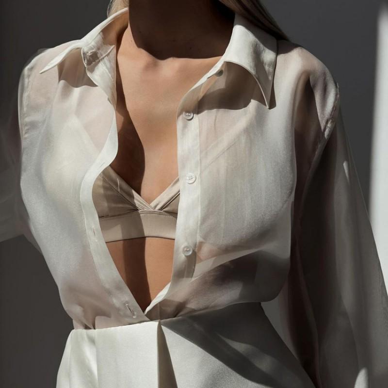 Tencel Sheer Sun Protection Shirt Womens Collared Long Sleeve Blouse Casual Versatile Top
