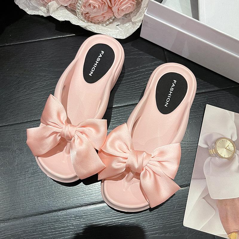 Модные розовые шлепанцы на танкетке с большим бантом для женщин, лето 2024, тапочки на платформе, толстая подошва, нескользящие пляжные шлепанцы, сандалии De Mujer
