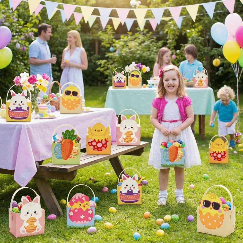 6pcs Cartoon Easter Bunny Candy Boxes Egg Rabbit Carrot Handmade Easter Paper Boxes Empty with Handle Candy Gift Bag