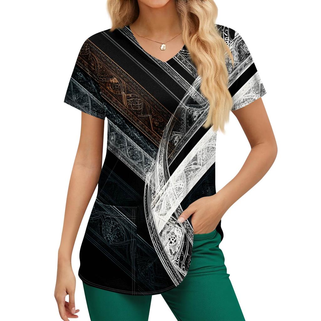 Plus Size Printed Scrub Working Uniform Tops For Women's V-Neck Print Short Sleeve Fun T-Shirts Workwear Tee With Pockets
