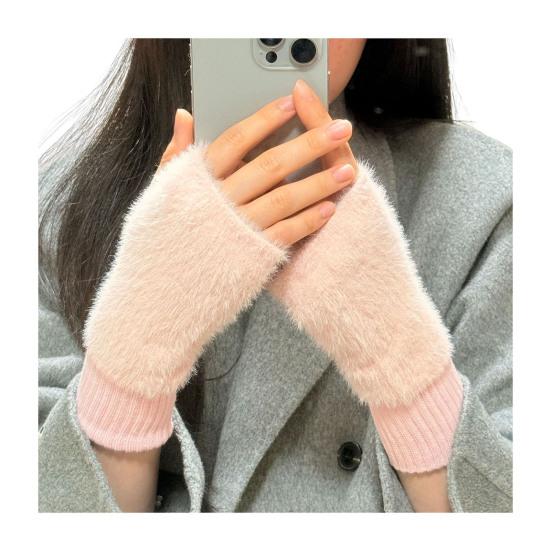 Женские перчатки без пальцев из искусственного меха с отверстием для большого пальца, полупалые перчатки, эластичные, теплые, зимние, для печати, письма, варежки