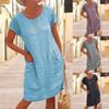 Women's Summer Casual Solid Color Short-sleeve O-neck Stitching Loose Pocket Cotton Linen Dress