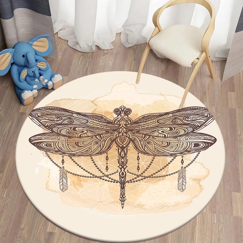 Bohemian Dragonfly Round Carpet Soft Floor Mat For Living Room Sofa Chair Children's Room Non-slip Area Rug Home Decor Doormat
