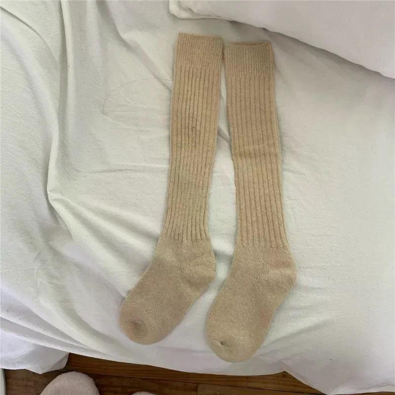 Женские длинные носки, кашемировые женские ботинки, однотонные шерстяные чулки до бедра, узкие повседневные хлопковые гольфы выше колена, пушистые женские длинные гольфы