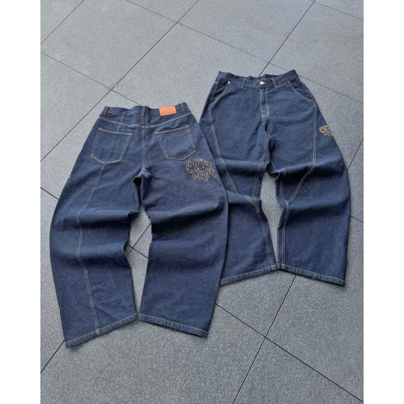 Y2K Streetwear Loose Fit Denim Pants Men Wide Leg Embroidered Mid-Rise Water-Washed Cotton Blend Casual Urban Wear