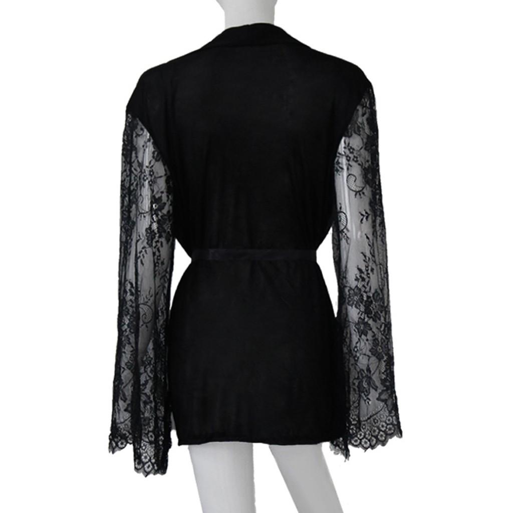 Женщины Атласный Халат Кружева с длинным рукавом Шелковое белье Халат Пояс Свободные ночные рубашки