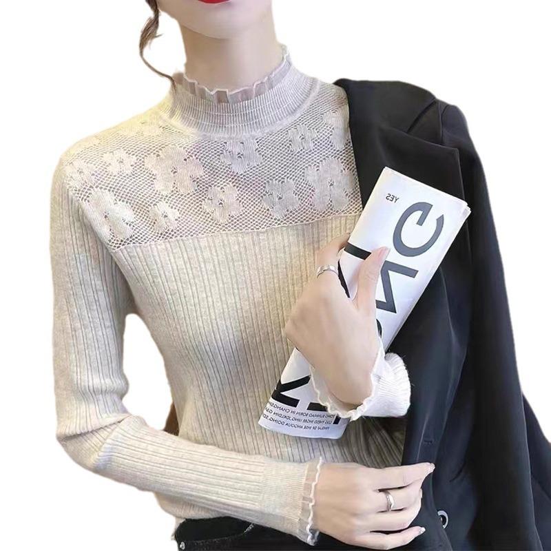 Autumn and Winter New Fashion Semi-turtleneck Knitted Sweater with Top Women's Lace Edge Slim-fitting and Thin Sweater Bottoming Shirt