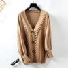 Autumn Winter Vintage Loose Long Sleeve Top Solid Color Cardigan Knitwear V-Neck Sweater