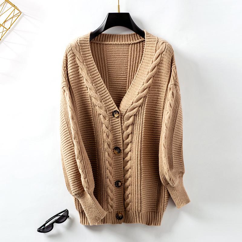 Autumn Winter Vintage Loose Long Sleeve Top Solid Color Cardigan Knitwear V-Neck Sweater