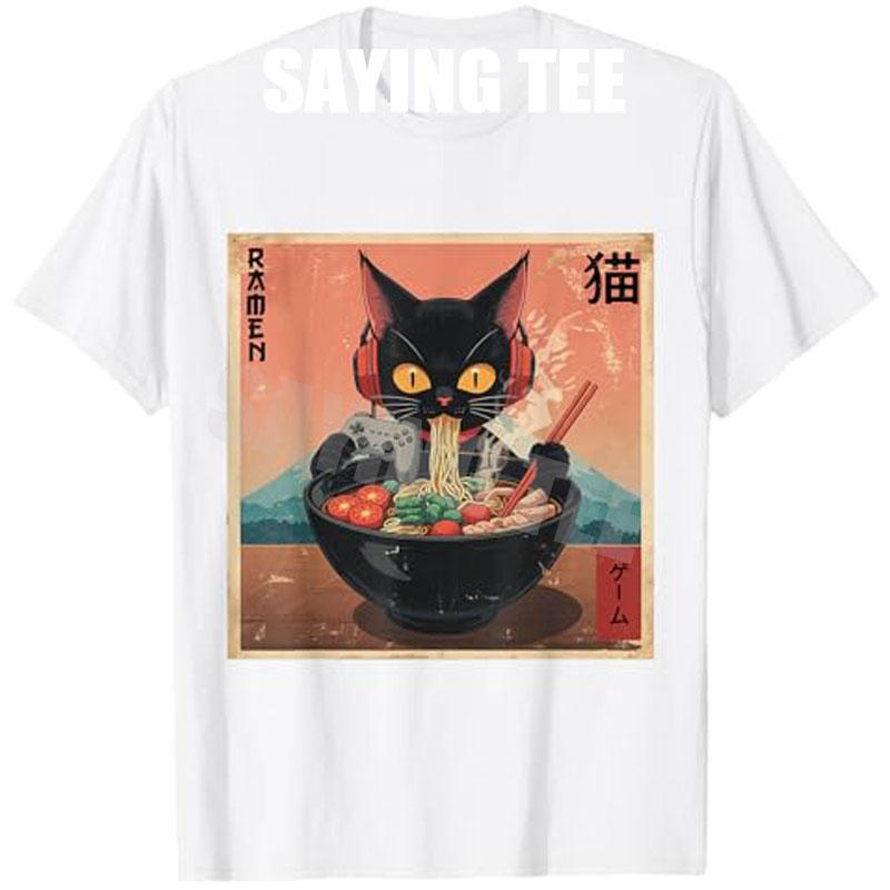 Cute Kawaii Gamer Cat Funny RaUnisex Retro Japanese Cat Gaming TShirt Y2k Kitty Controller Cartoon Graphic Tees Kitten Eat Noodles
