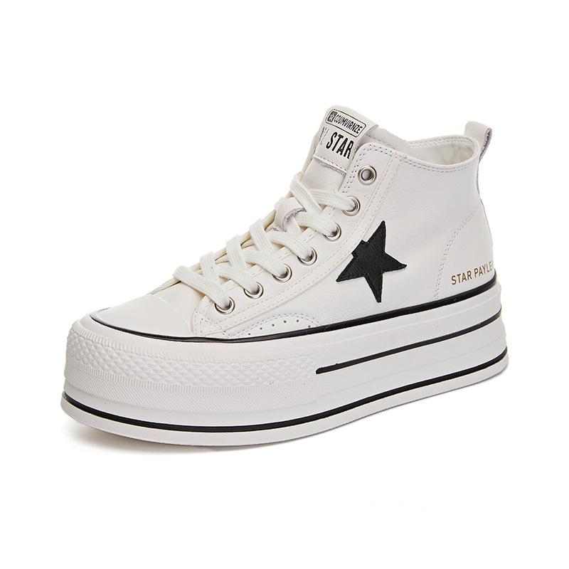 The First Layer of Cowhide High-top White Shoes for Women's 2025 Spring New Thick-soled Versatile Casual Shoes for Women's Fashion Heightening Women'