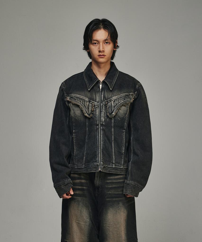 Blr Dyed Curved Line Denim Trucker Jacket