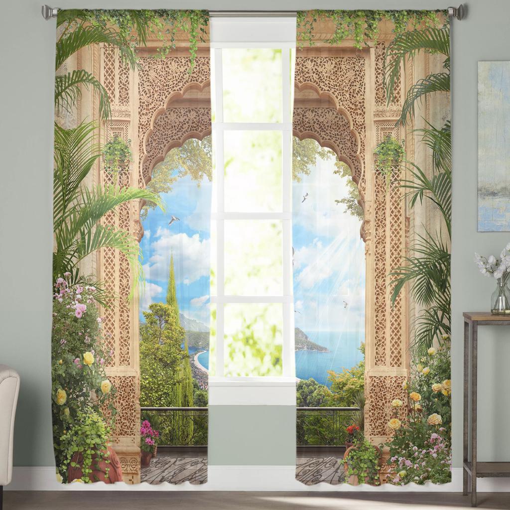 Arch Flowers Sea Printed Curtains Drape Sheer Tulle Home Decoration Living Room Bedroom Cortinas Chiffon Window Curtains
