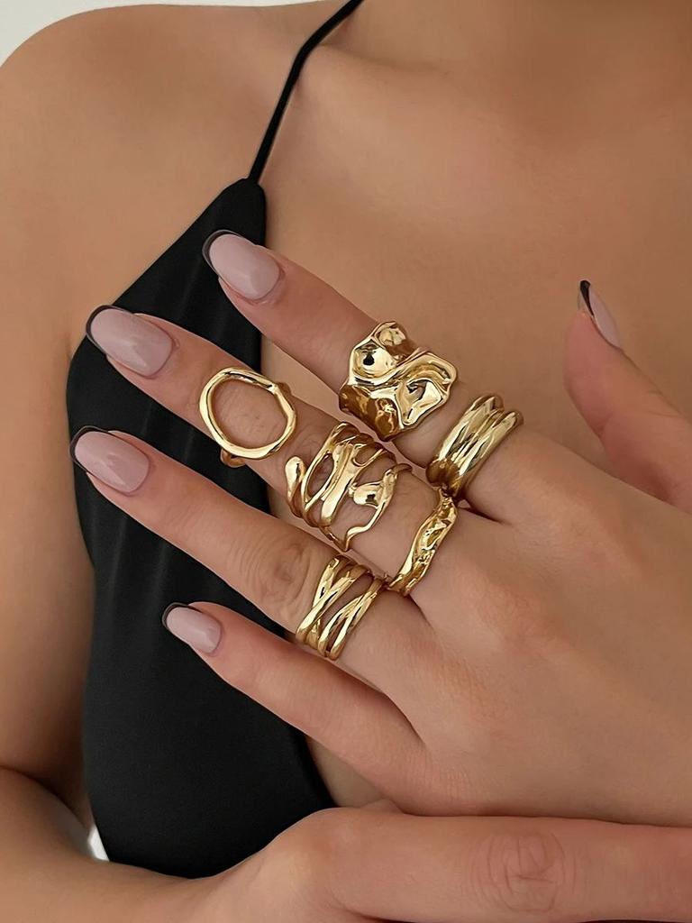 Ingemark 6Pcs/Set Classic Gold Color Hollow Irregular Texture Open Rings Women Vintage Geometric Finger Ring Couple Jewelry Gift