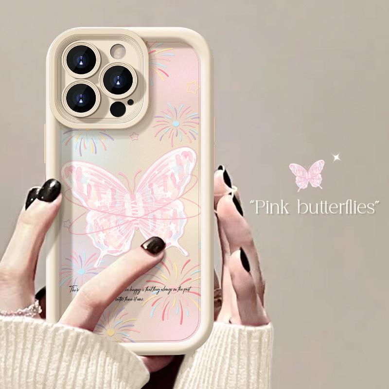 Pink butterfly Phone case iPhone 15 Pro Max 11 12 13 16 14 Plus Silicone Shockproof Case Lens protector shell