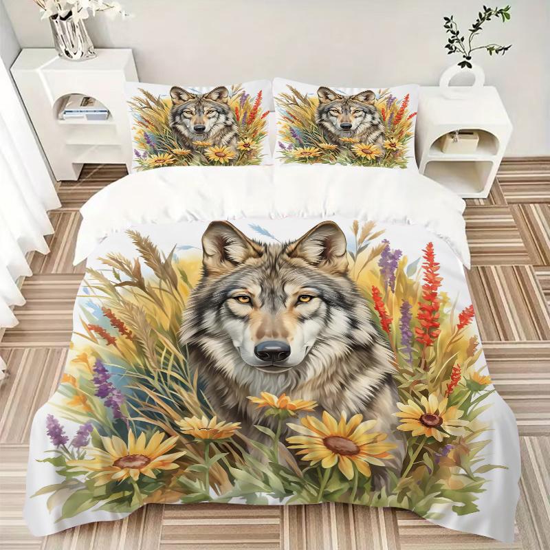 3pcs Wolf Amidst Sunflowers and Lavender Quilt Set - Soft and Comfortable Bedroom, Guest Room and Dorm Decor Bedding Set 1 Quilt Cover + 2 Pillow