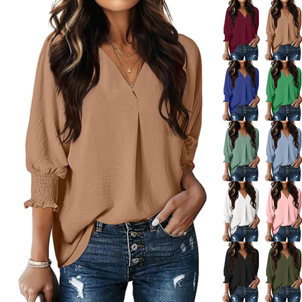 Women's Fashion V-Neck Casual Solid Color Three-Quarter Sleeve Top
