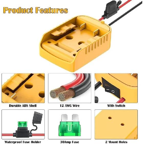 Power Wheels Adapter for Dewalt 20V Battery Adapter with Switch Fuse & Wire Terminals 12AWG Wire DIY Ride On Truck RC Car Toys
