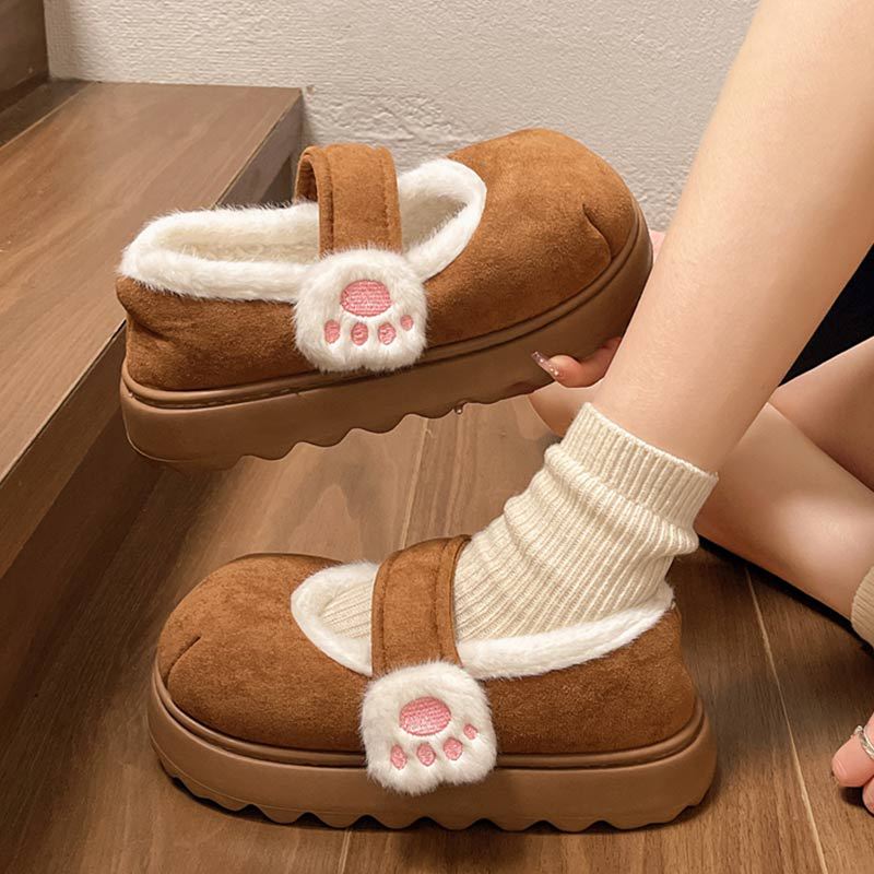 Warm Round Toe Ankle Boots Casual Comfortable Women Flats Cute Cat Paw Cotton Snow Boots Winter Thick Sole Indoor Outdoor Shoes